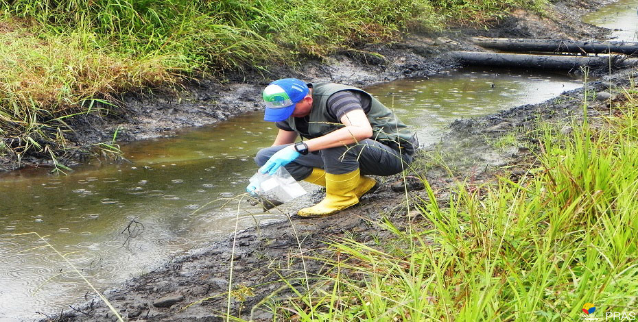 Toma de muestras de suelo en derrame de hidrocarburo. (Orellana. 2015)