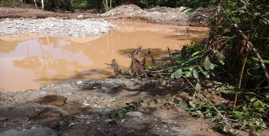 Piscina modificado por maquinaria para la obtención de oro. (Napo. 2015)